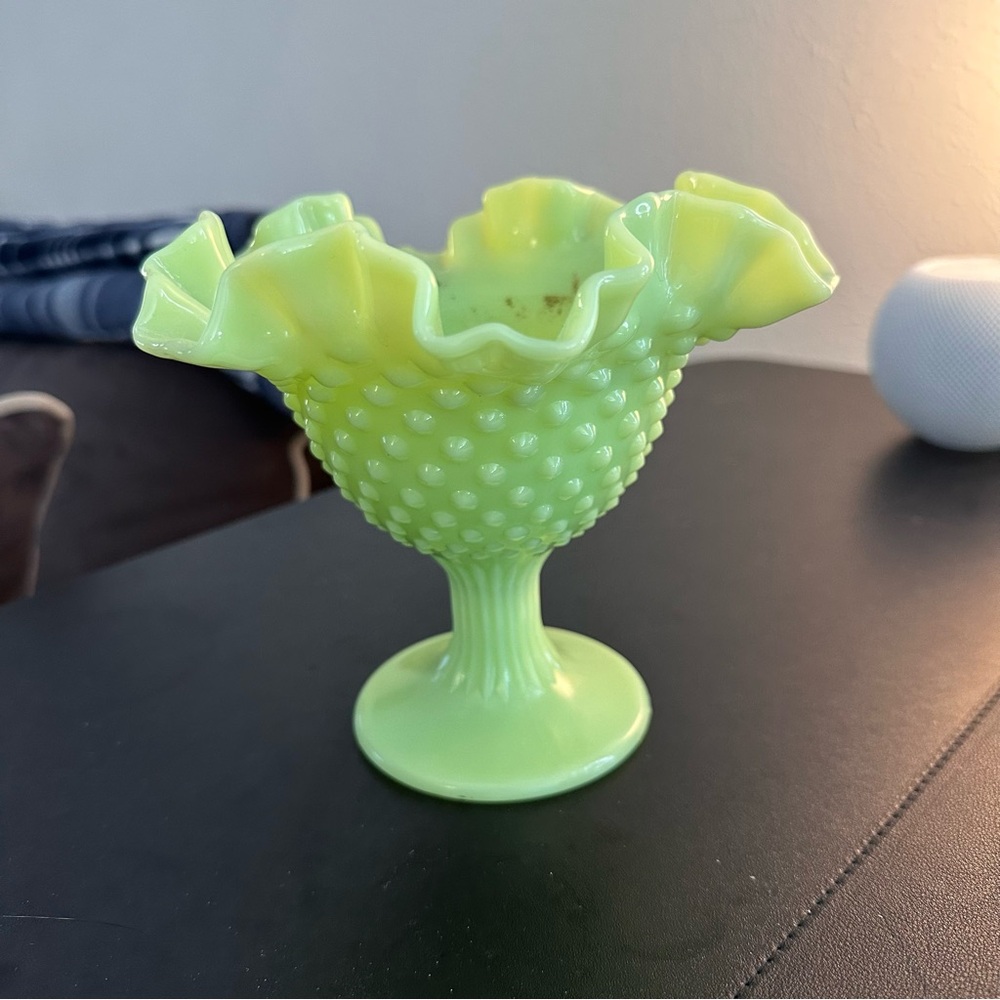 Fenton Pastel Lime Green Uranium Hobnail Milk Glass Ribbed Pedestal Compote Dish